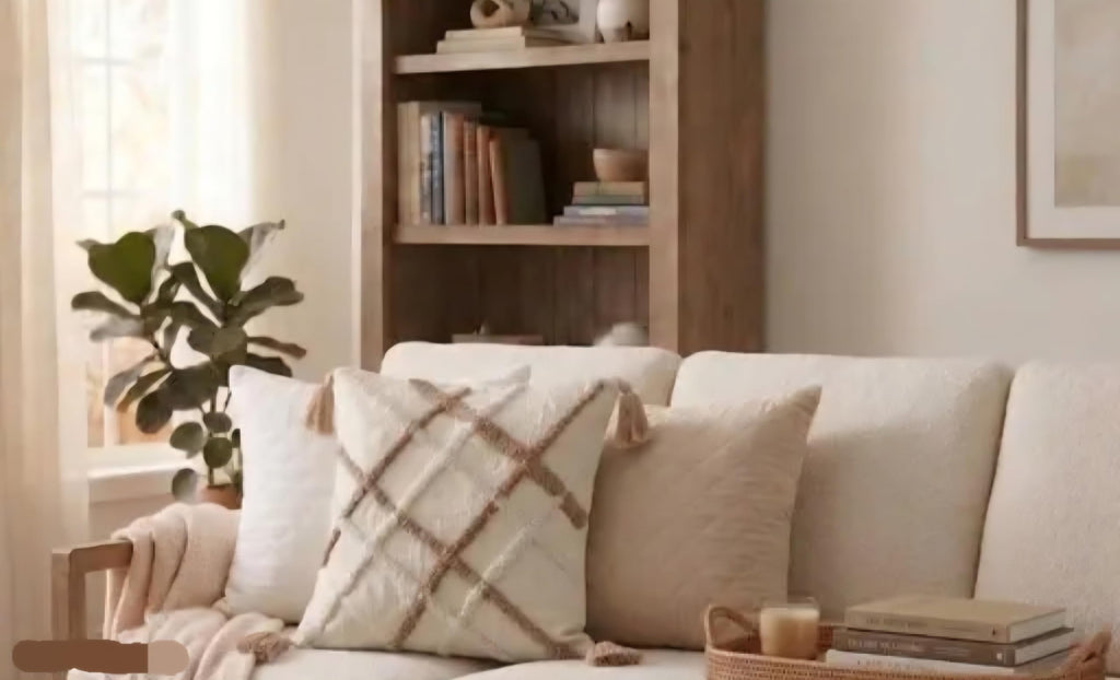 Handmade Boho Throw Pillow Cover, Cream, Tufted Diamond Pattern with Tassels, Decorative Sofa Cushion Cover