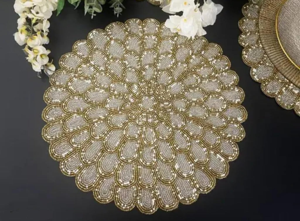 Gold Beaded Handmade Placemat, Round, Scalloped Edge, Glass Beads, Elegant Table Decor