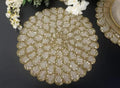 Gold Beaded Handmade Placemat, Round, Scalloped Edge, Glass Beads, Elegant Table Decor