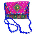 Handcrafted Ethnic Clutch Purse, Pink with Blue Pom Pom Strap, Traditional Embroidered Design