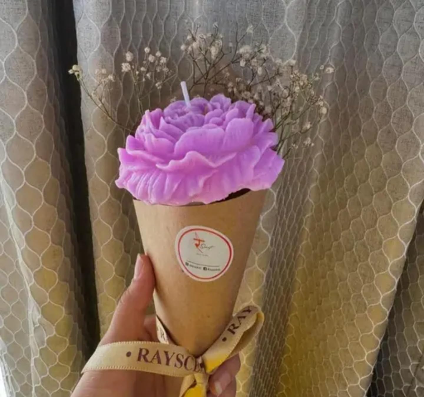 Raysch Artificial Peony Flower Bouquet with Baby's Breath, Pink, Paper Wrapped