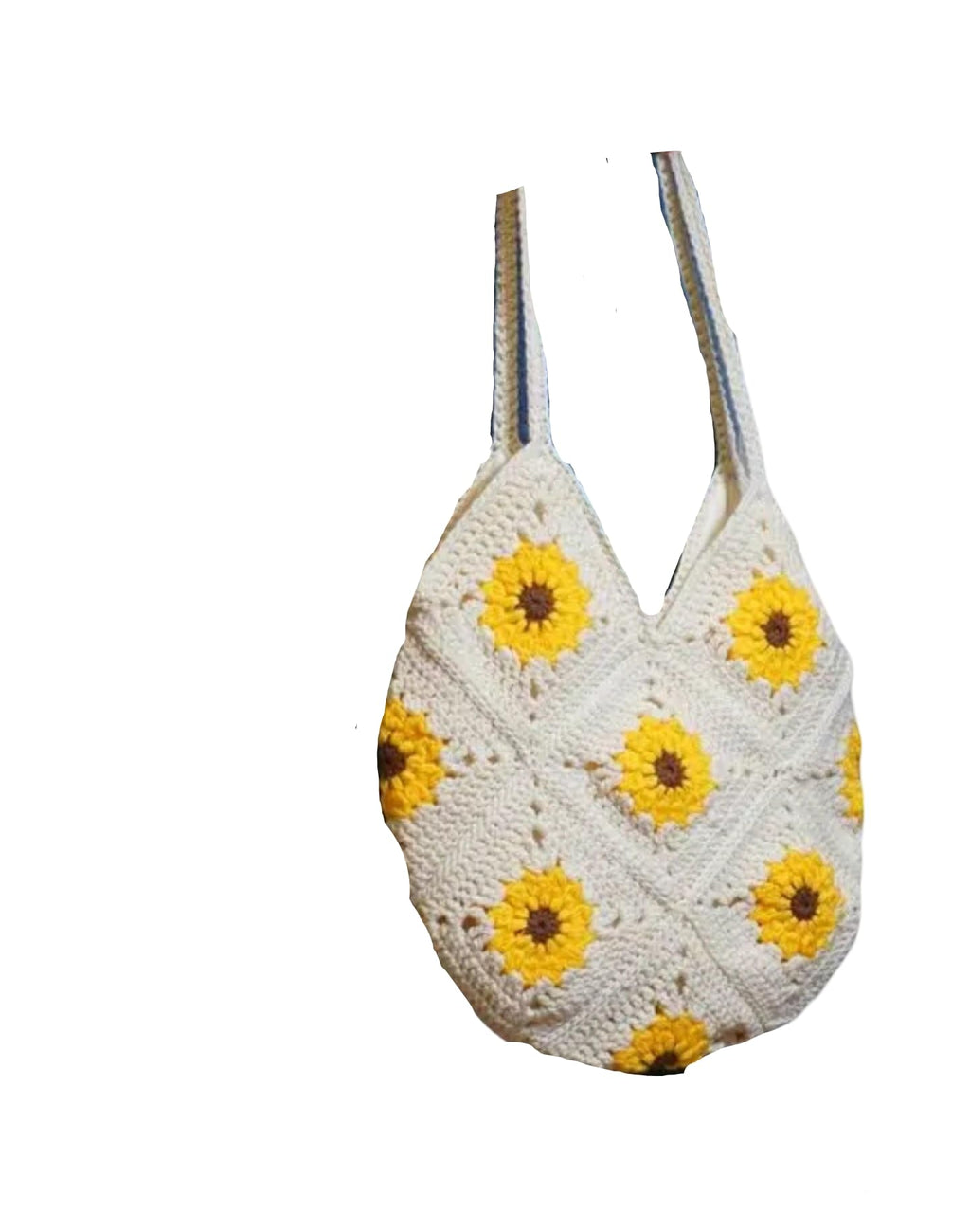 Handmade Crochet Sunflower Tote Bag, Cream and Yellow, Cotton Shoulder Bag