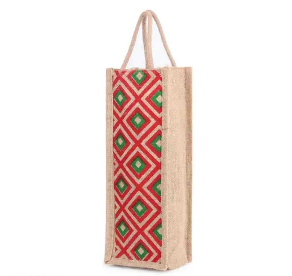 Jute Wine Bottle Bag, Set of 2, Printed Tote with Rope Handles, Gift Bag