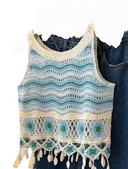 Crochet Handmade Crop Tank Top, Boho Wave Pattern with Tassel Hem, Blue and Green