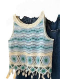 Crochet Handmade Crop Tank Top, Boho Wave Pattern with Tassel Hem, Blue and Green
