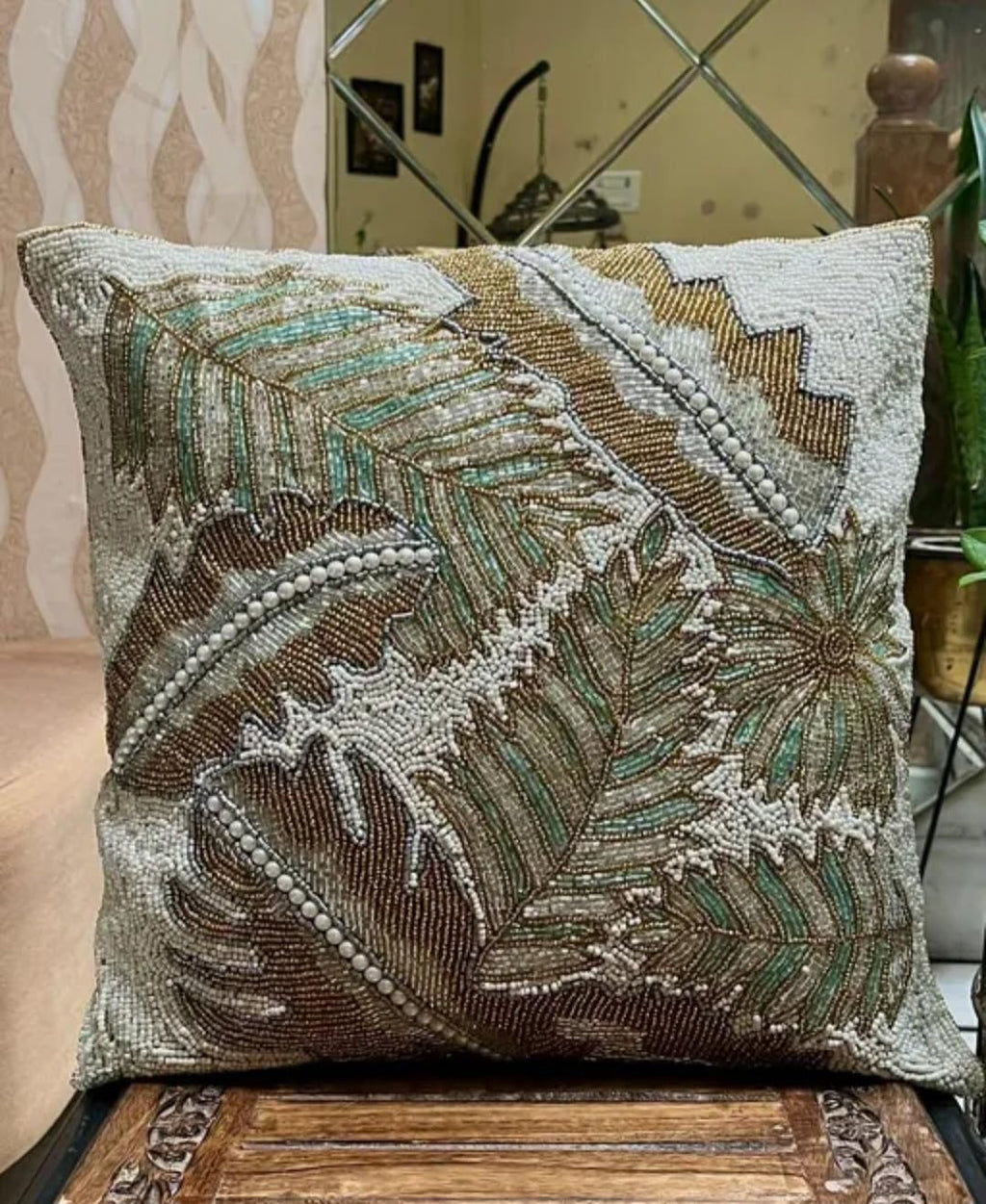 Beaded Decorative Throw Pillow Cover, Feather Design, Gold Brown Turquoise White, Embellished Cushion Case