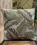 Beaded Decorative Throw Pillow Cover, Feather Design, Gold Brown Turquoise White, Embellished Cushion Case