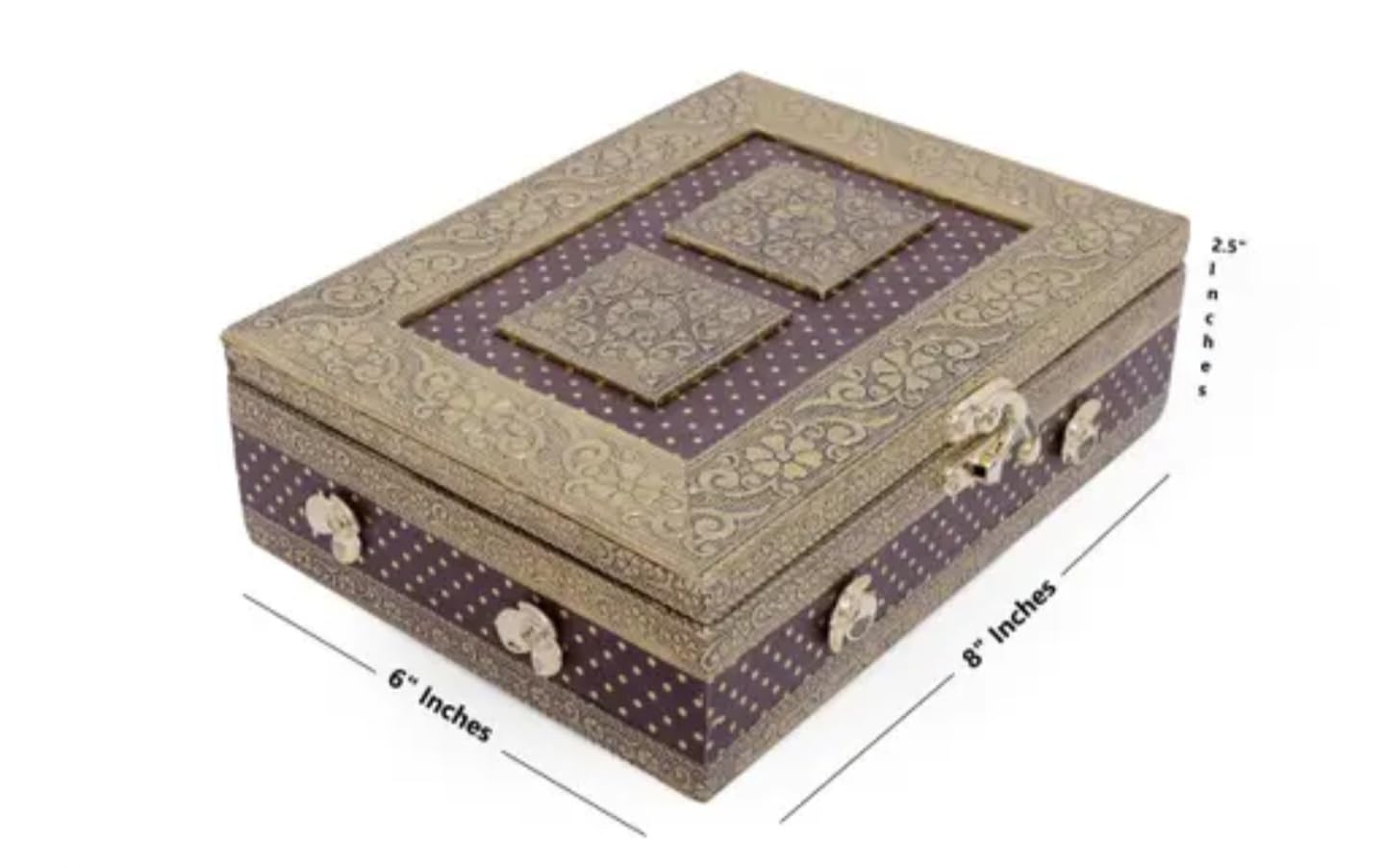 Vintage Decorative Jewelry Box, Purple and Gold, Floral Pattern, Metal Clasp, Double Compartment, Polka Dot Design
