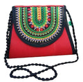 Handcrafted Ethnic Clutch Purse, Red and Black with Embroidered Design, Pom-Pom Trim