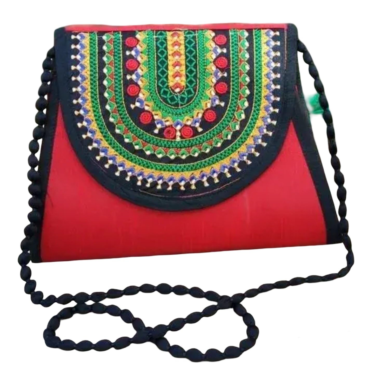 Handcrafted Ethnic Clutch Purse, Red and Black with Embroidered Design, Pom-Pom Trim