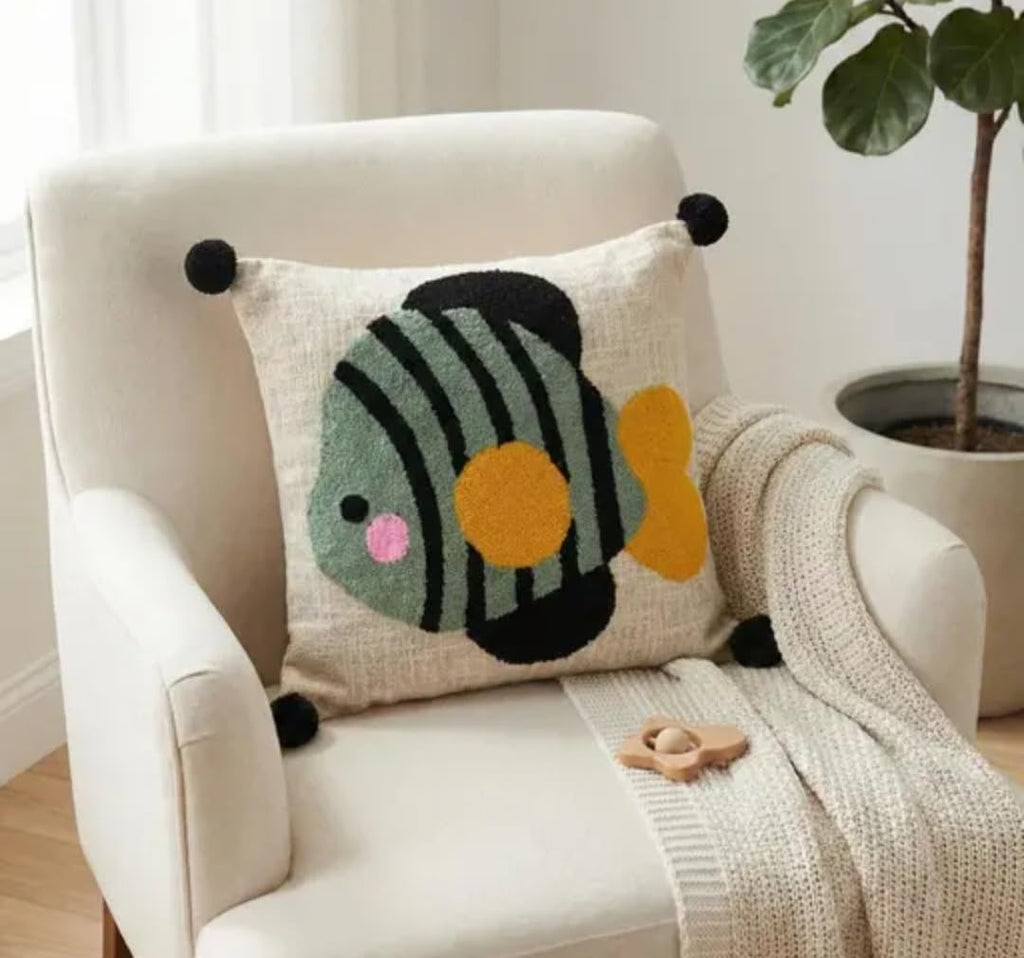 Decorative Handcrafted Throw Pillow Cover with Fish Embroidery, Cream, Pom Pom Trim, Nautical Theme