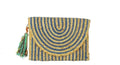 Handwoven Straw Clutch Purse with Tassel, Blue and Natural Striped Pattern, Boho Beach Style