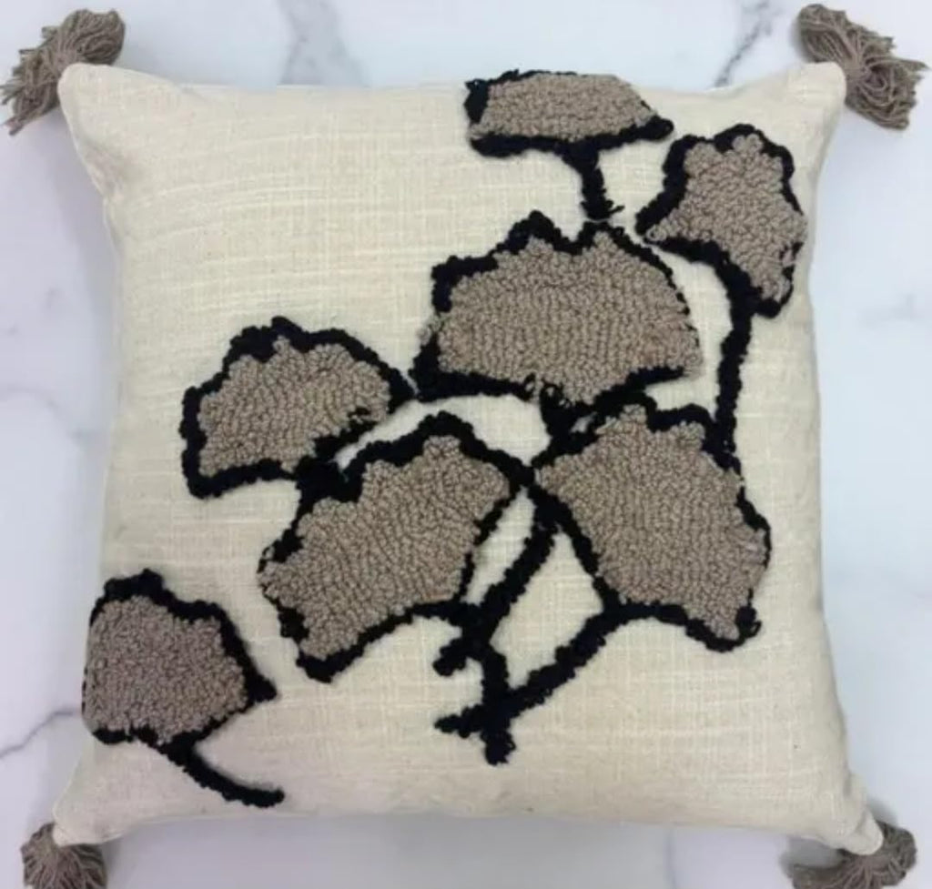 Embroidered Tree Throw Pillow Cover, Cream, Tufted Design with Corner Tassels, Boho Decorative Cushion Cover