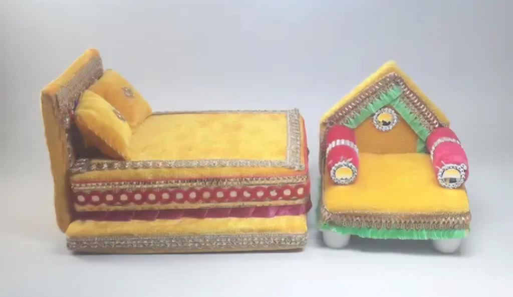 Miniature Decorative Bed and Sofa Set, Yellow, Handcrafted, Traditional Indian Style, Festive Decor