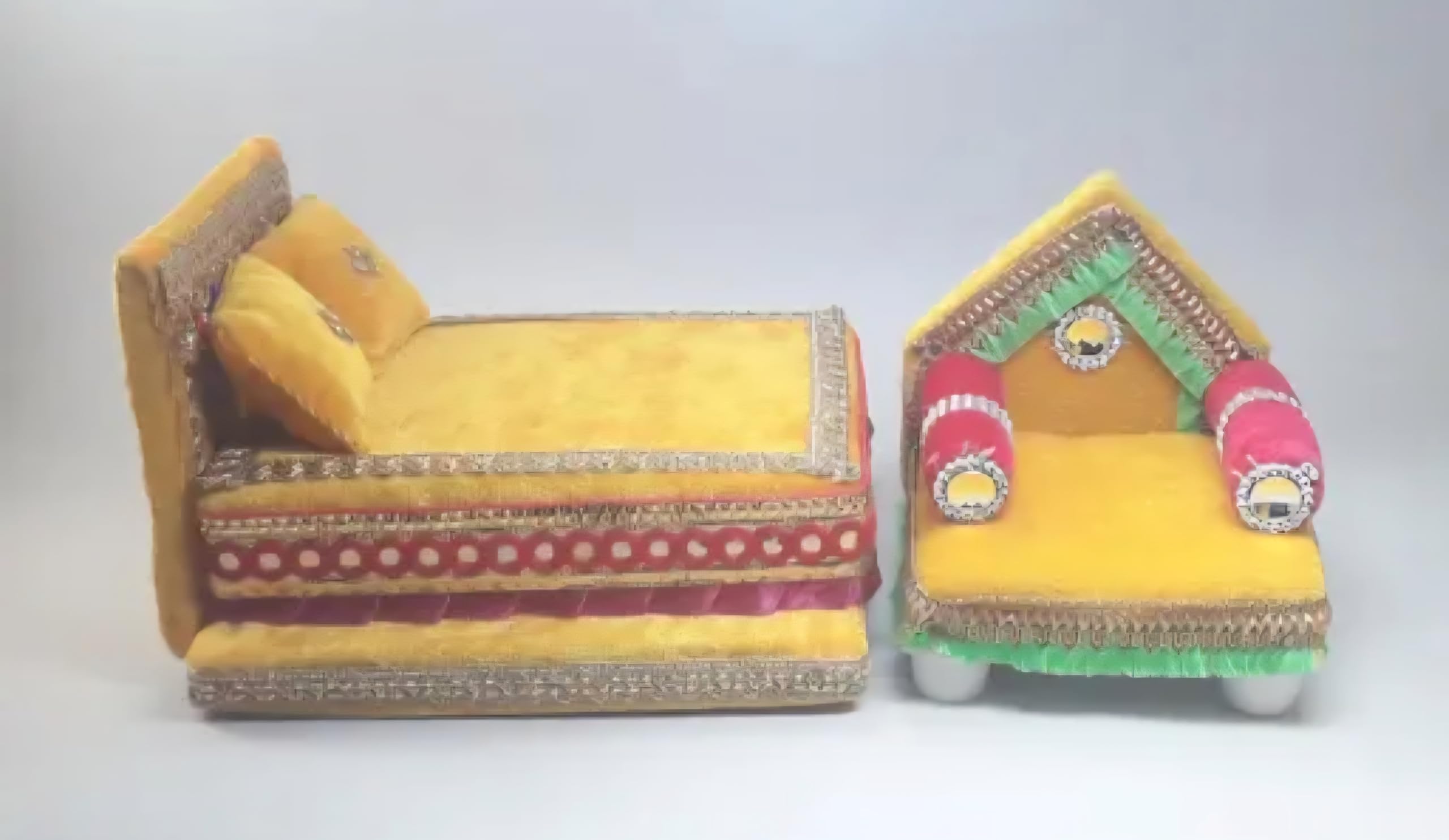 Miniature Decorative Bed and Sofa Set, Yellow, Handcrafted, Traditional Indian Style, Festive Decor