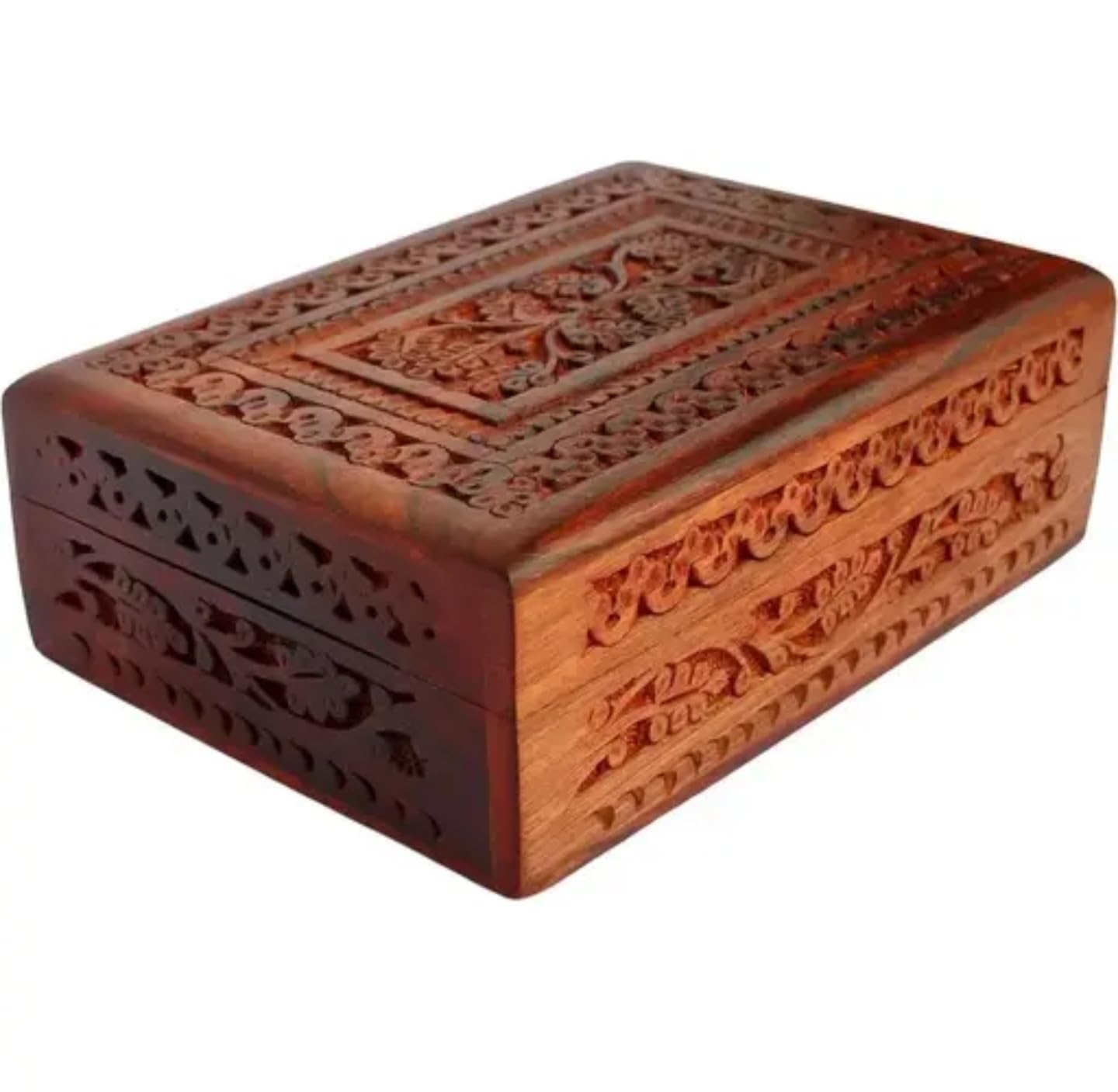 Handcrafted Wooden Jewelry Box, Brown, Decorative Carved Design, Traditional Storage Case with Intricate Floral Pattern