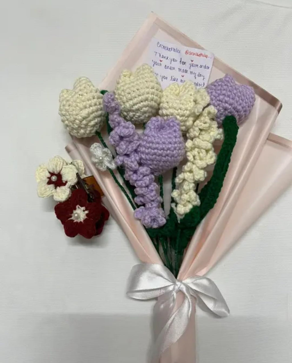 Handmade Crochet Flower Bouquet, Tulips and Hyacinth, Purple and Cream, Gift Wrapped with Ribbon