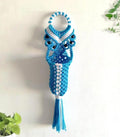 Macrame Water Bottle Holder, Blue and White, Handwoven with Tassel, Hanging Carrier with Beaded Handle