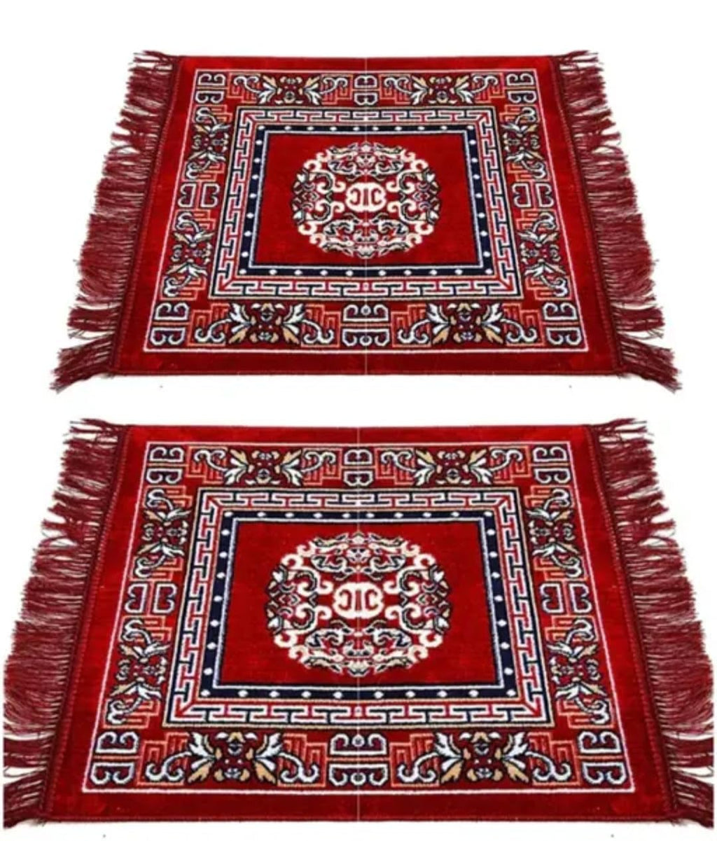 Red Floral Prayer Mat with Fringe Border, Traditional Decorative Design, Square Rug