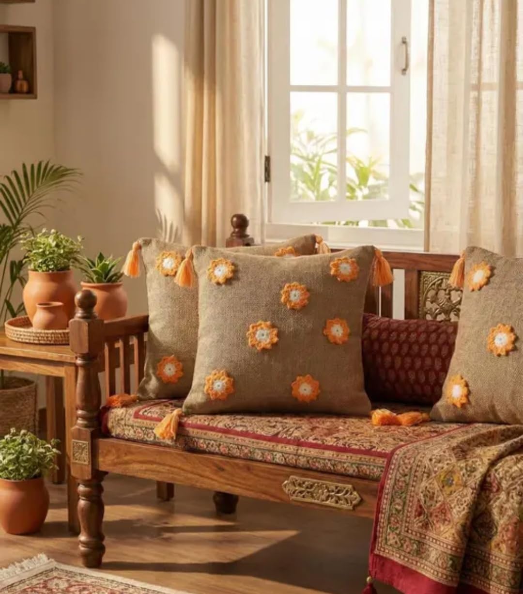 Decorative Throw Pillow Cover with Orange Crochet Flower Appliques, Beige Jute, Corner Tassels