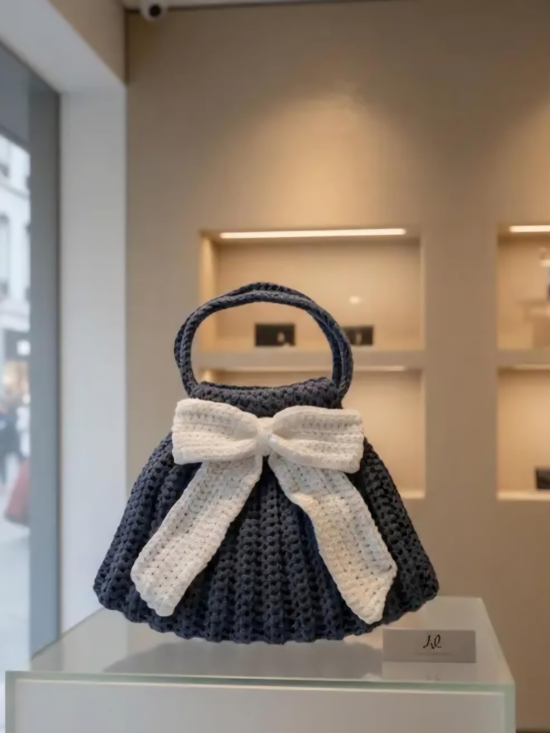 Handmade Crochet Handbag, Navy Blue with Cream Bow, Knit Purse, Boho Chic Style