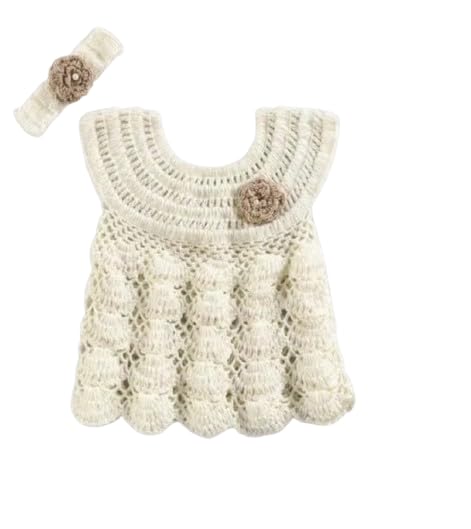 Handmade Crochet Baby Girl Dress Set, Cream, with Matching Headband and Booties, Scalloped Hem