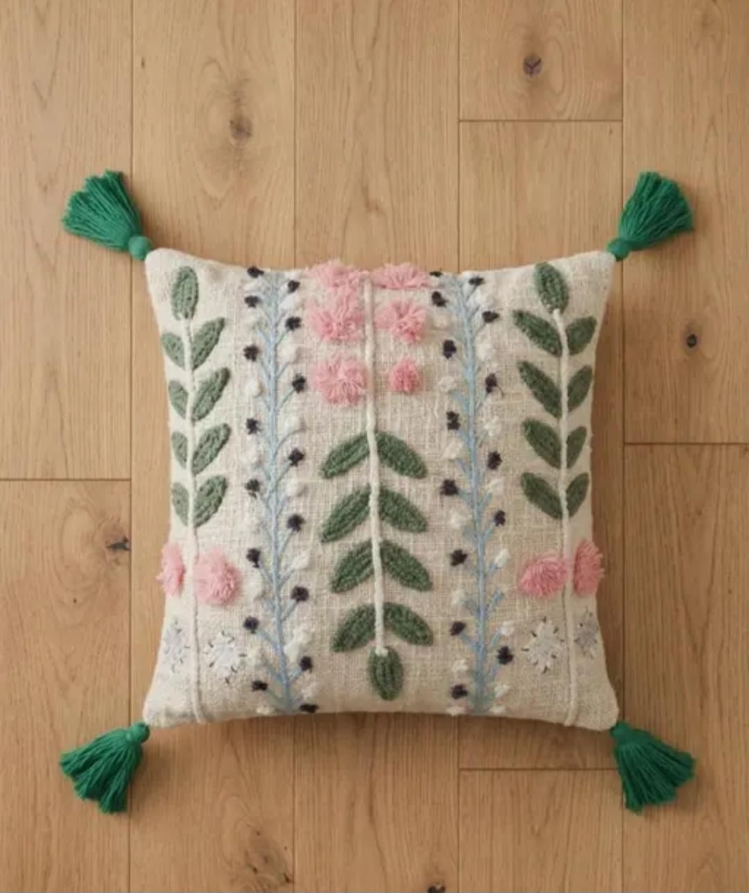 Hand Embroidered Floral Throw Pillow Cover with Green Tassels and Pink Pom-Poms, Boho Botanical Style