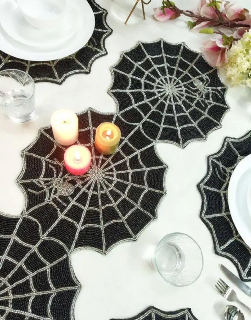 Spider Web Placemats, Black with Silver Web Design, Halloween Table Decor, Round Shape