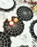 Spider Web Placemats, Black with Silver Web Design, Halloween Table Decor, Round Shape