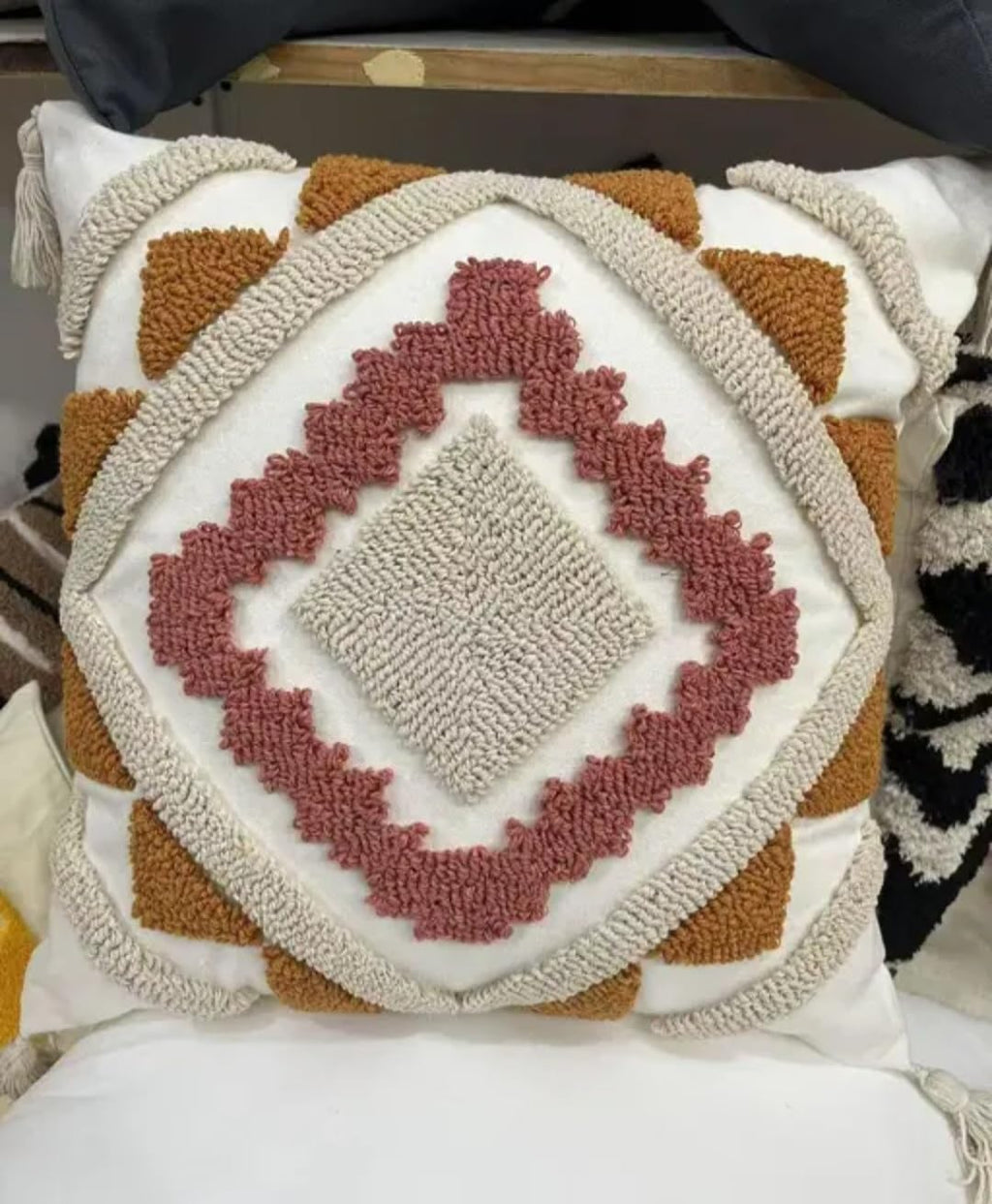 Handmade Boho Tufted Throw Pillow Cover, Geometric Diamond Pattern, Ivory, Mauve and Mustard with Tassels