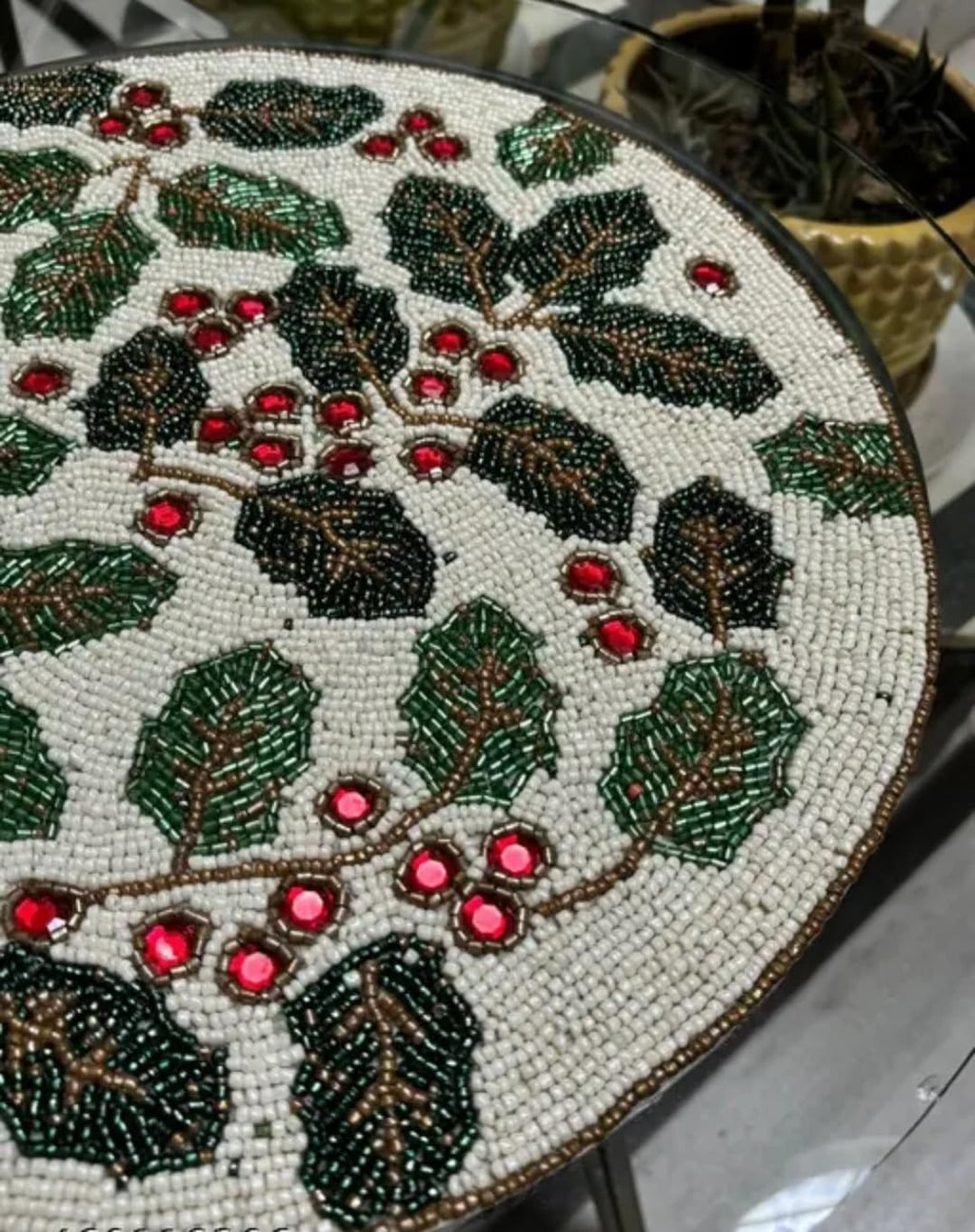 Beaded Placemats, Round, Holly Berry Design, White with Green Leaves and Red Berries