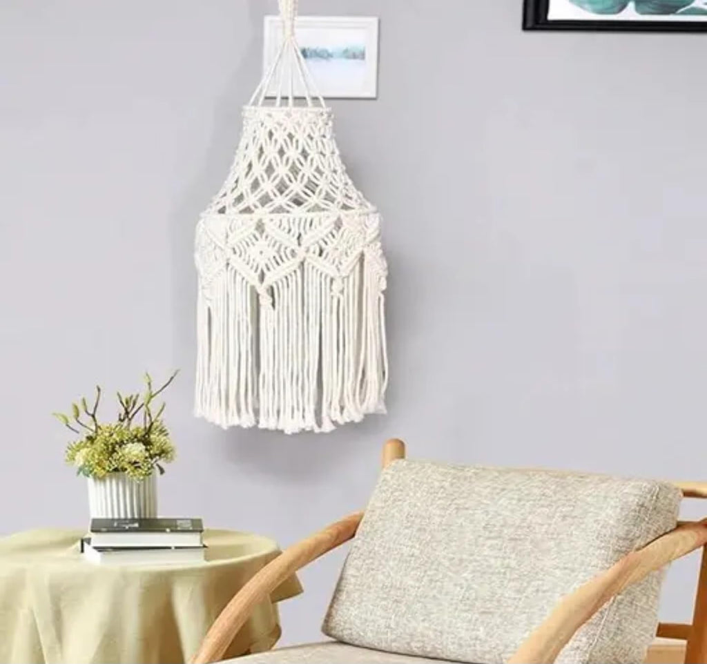 Handmade Macrame Lamp Shade, Bohemian Woven Cotton Pendant Light Cover, Cream White, Hanging Decorative Light Fixture with Fringe Design
