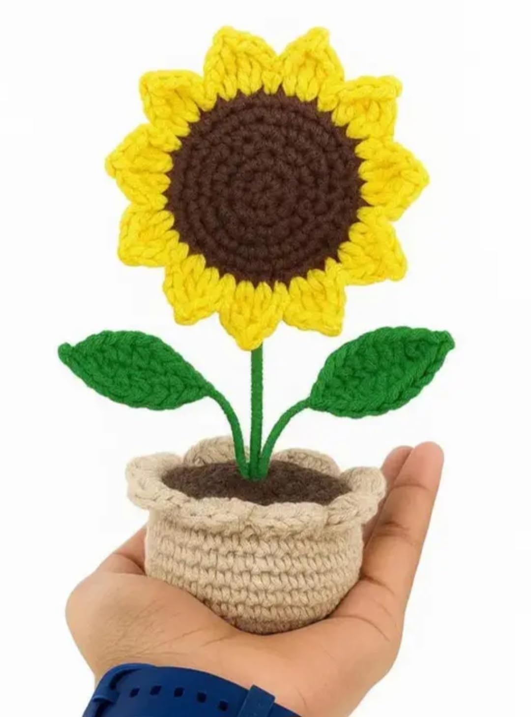 Handmade Crochet Sunflower Potted Plant, Yellow, Knitted Yarn, Car Dashboard Decor, Boho Style