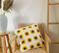 Crochet Sunflower Throw Pillow Cover, White and Yellow, Floral Granny Square, Boho Home Decor