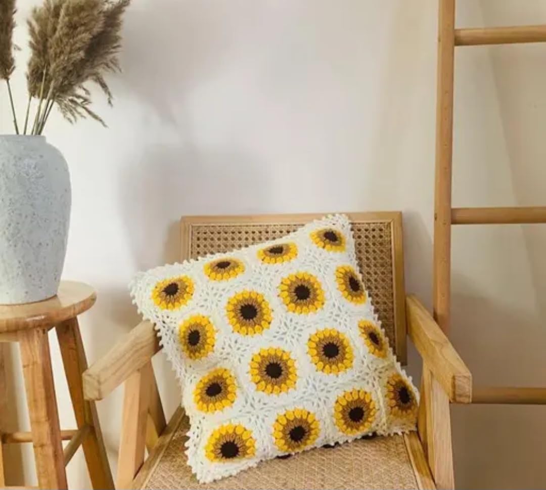 Crochet Sunflower Throw Pillow Cover, White and Yellow, Floral Granny Square, Boho Home Decor