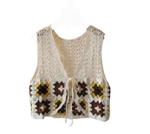 Women's Crochet Handmade Vest, Cream, Granny Square Floral Pattern, Tie-Front, Boho Style