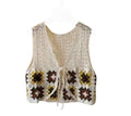 Women's Crochet Handmade Vest, Cream, Granny Square Floral Pattern, Tie-Front, Boho Style