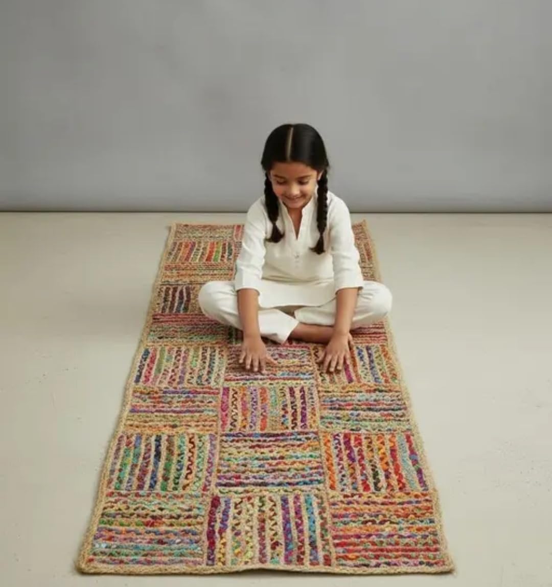 Handwoven Jute and Cotton Multicolor Patchwork Rug, Boho Style, Runner Mat