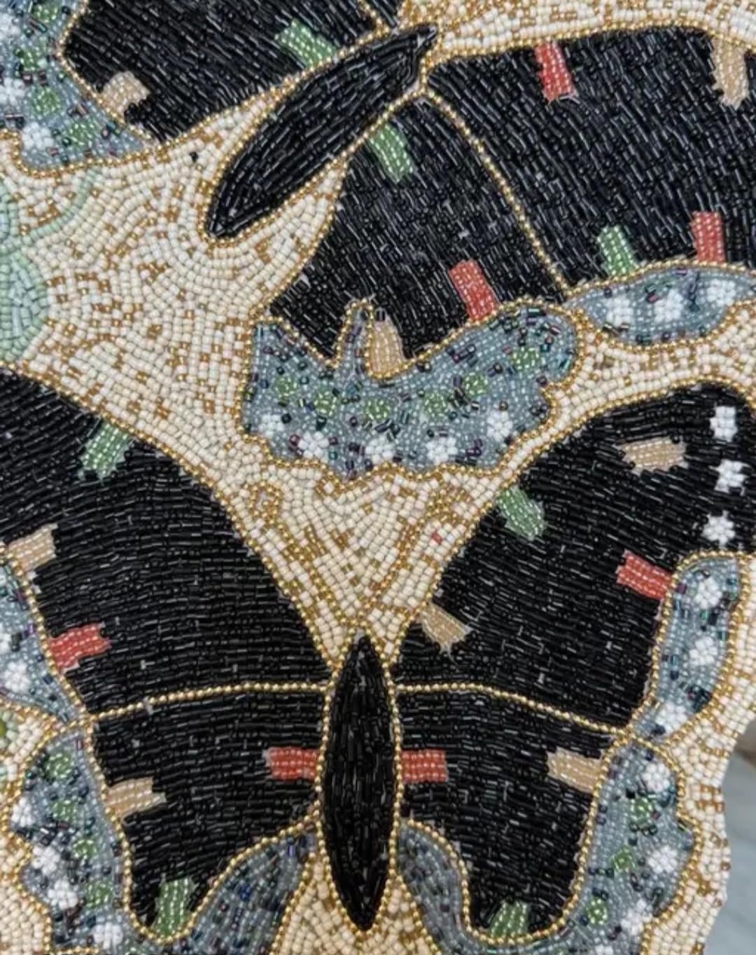 Beaded Butterfly Table Runner, Black and Green, Handcrafted Mosaic Bead Design, Decorative Home Decor