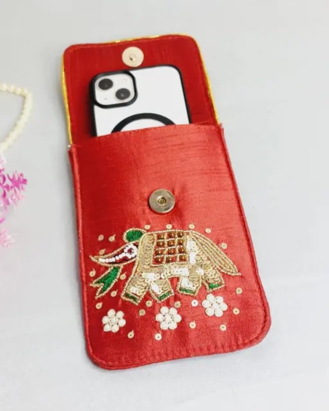 Embroidered Elephant Crossbody Bag, Red, Sequin Beadwork, Gold Chain Strap, Ethnic Boho Style