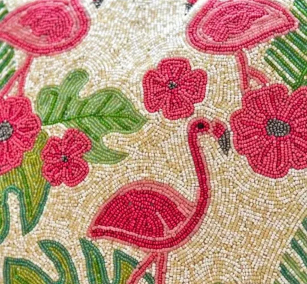 Handmade Flamingo Beaded Throw Pillow Cover, Tropical Floral Design, Pink and Green, Decorative Cushion Cover