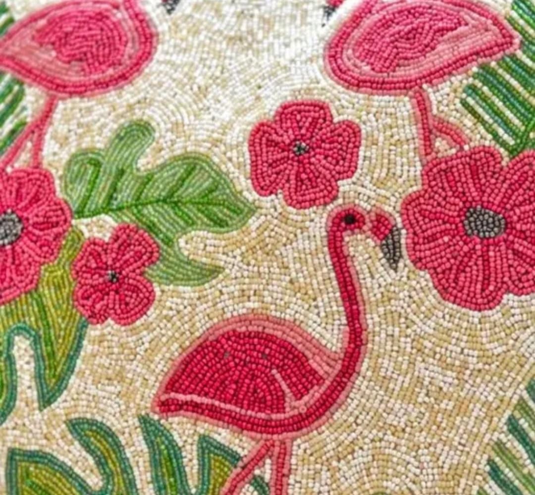 Handmade Flamingo Beaded Throw Pillow Cover, Tropical Floral Design, Pink and Green, Decorative Cushion Cover