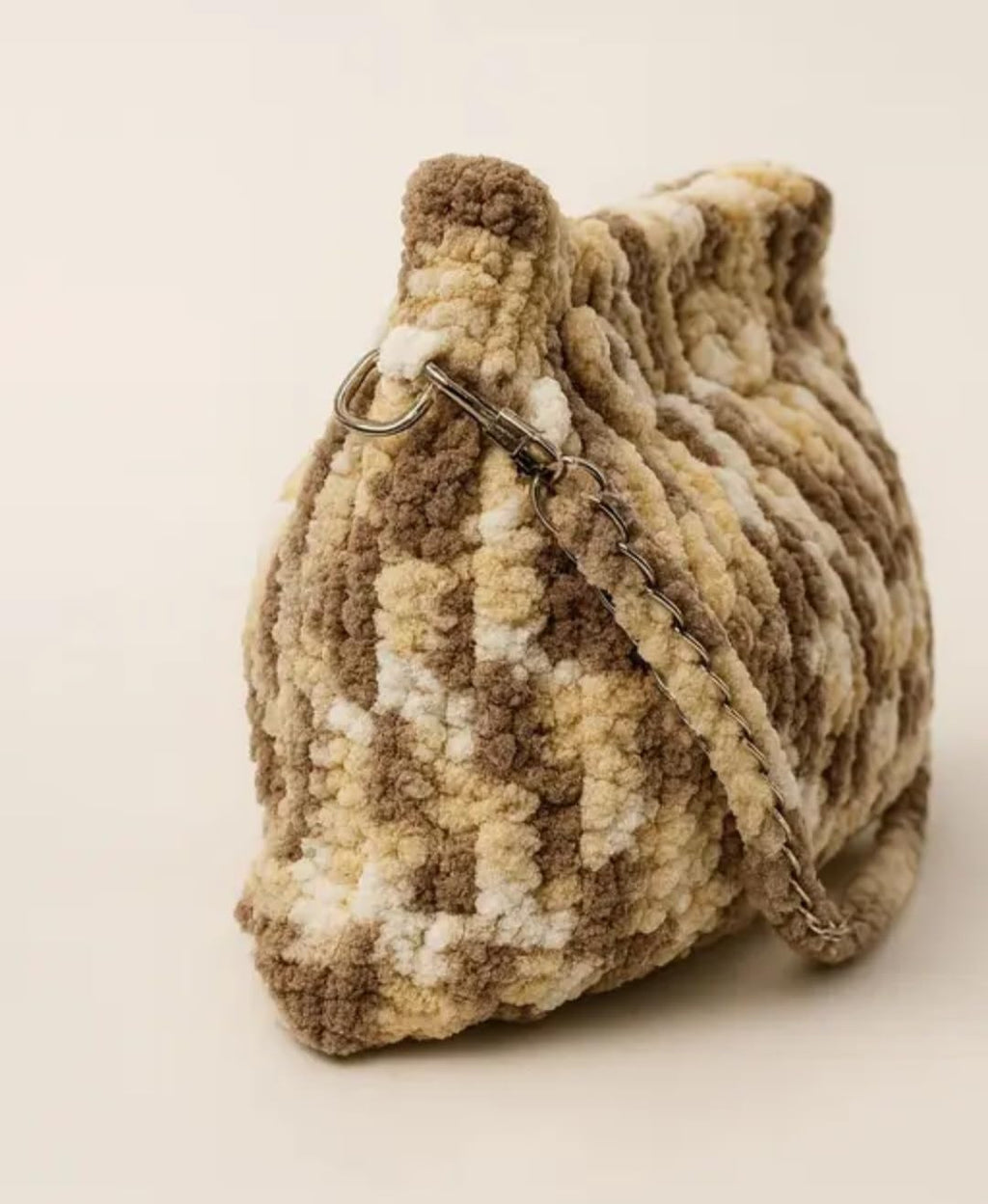 Handcrafted Crochet Crossbody Bag, Beige and Brown Checkered, Chain Strap, Boho Style