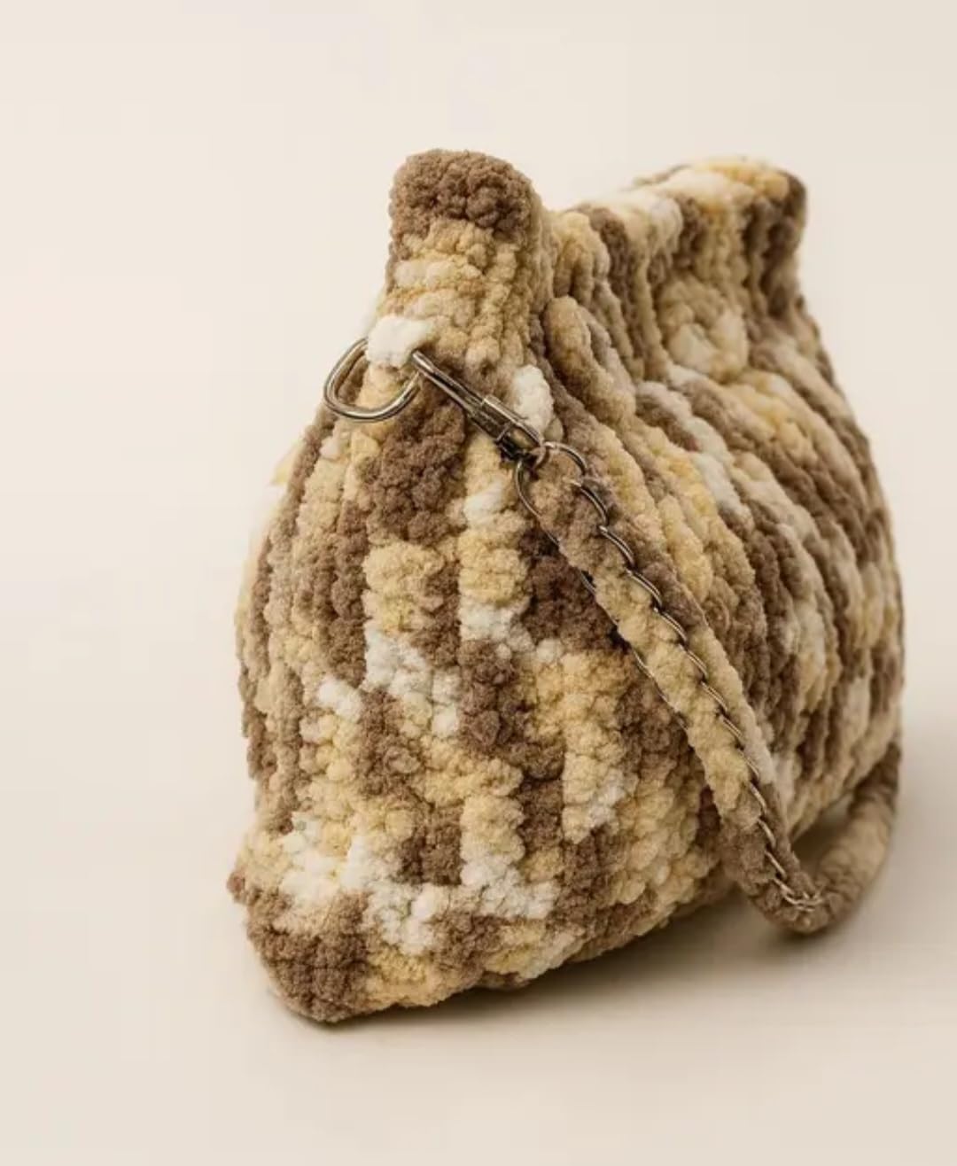 Handcrafted Crochet Crossbody Bag, Beige and Brown Checkered, Chain Strap, Boho Style