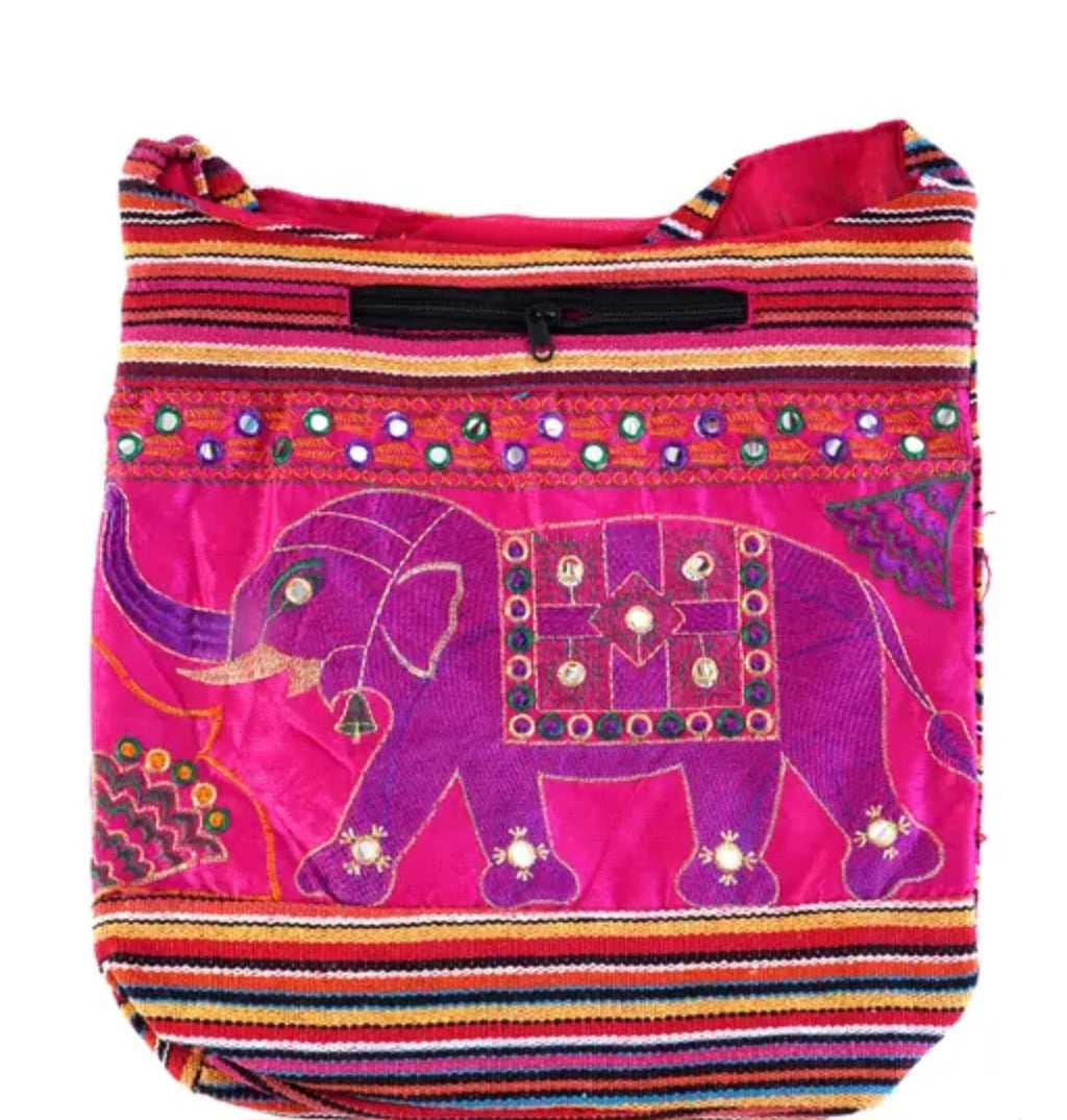 Handmade Ethnic Crossbody Bag, Embroidered Elephant Design, Striped Pattern, Pink and Purple