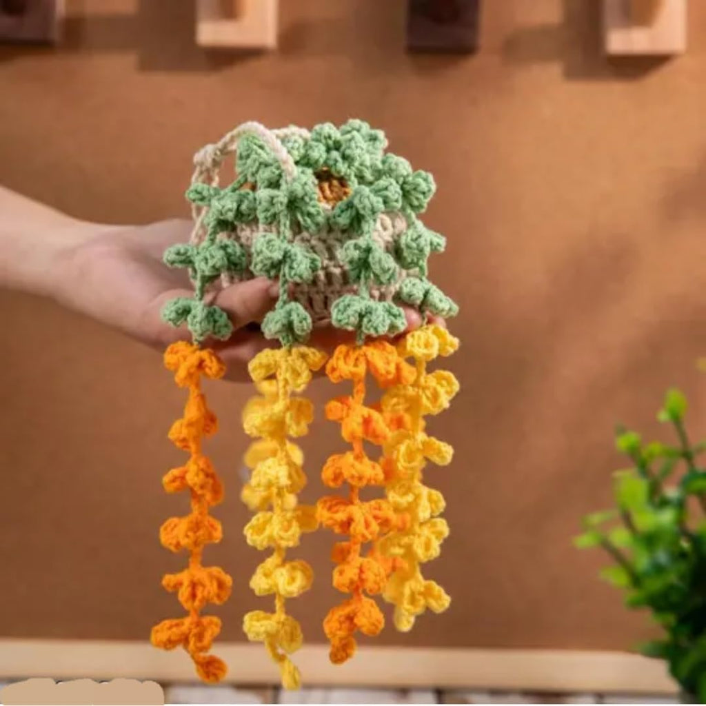 Handmade Crochet Hanging Plant, Green and Orange Yarn, Boho Home Decor, Faux Trailing Succulent, 1 piece