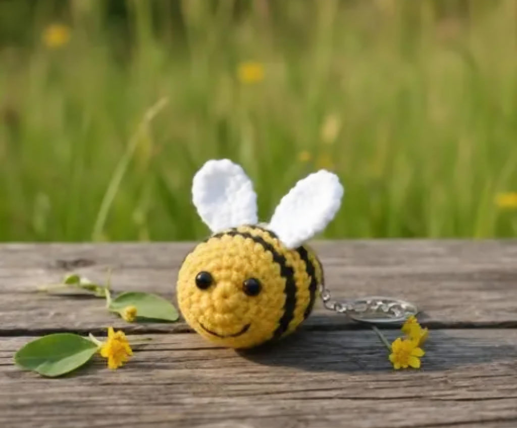 Crochet Bumble Bee Keychain, Handmade Amigurumi, Yellow and Black, Cute Animal Bag Charm