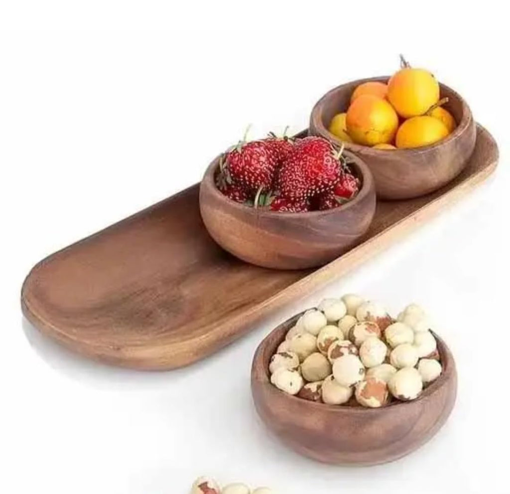 Wooden Serving Tray with Bowls Set, Natural Brown, 3 Round Bowls, Appetizer Snack Platter