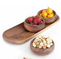 Wooden Serving Tray with Bowls Set, Natural Brown, 3 Round Bowls, Appetizer Snack Platter