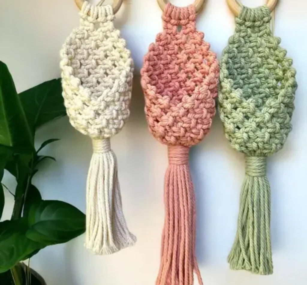 Handmade Macrame plant Hanger, Pastel Green Pink White, Set of 3, Boho Home Decor